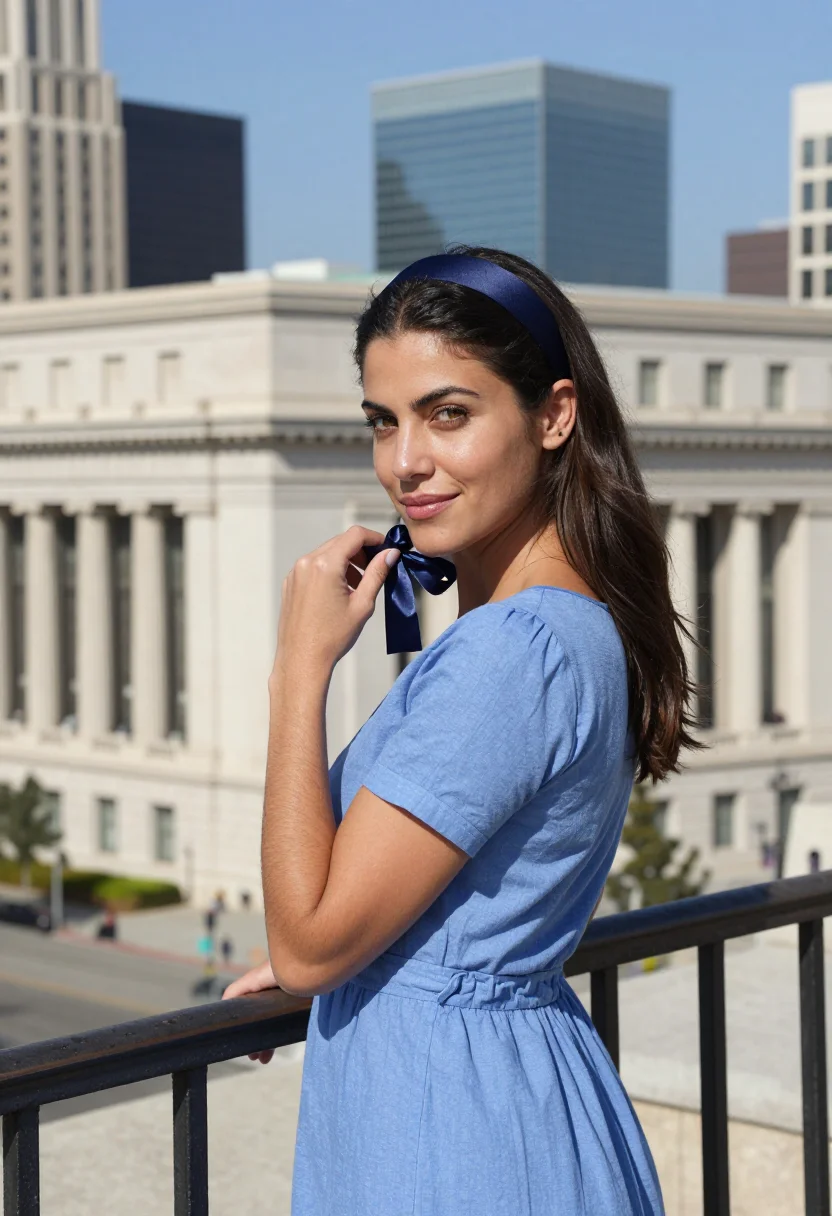 AI 500 days of summer angels knoll blue sample — portrait of a woman, framed chest-up, cropped at the ribs, t