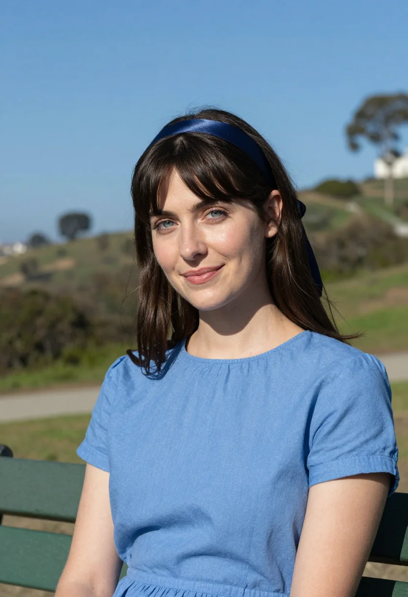 AI 500 days of summer angels knoll blue sample — portrait of a woman, framed tight, head and shoulders, the b