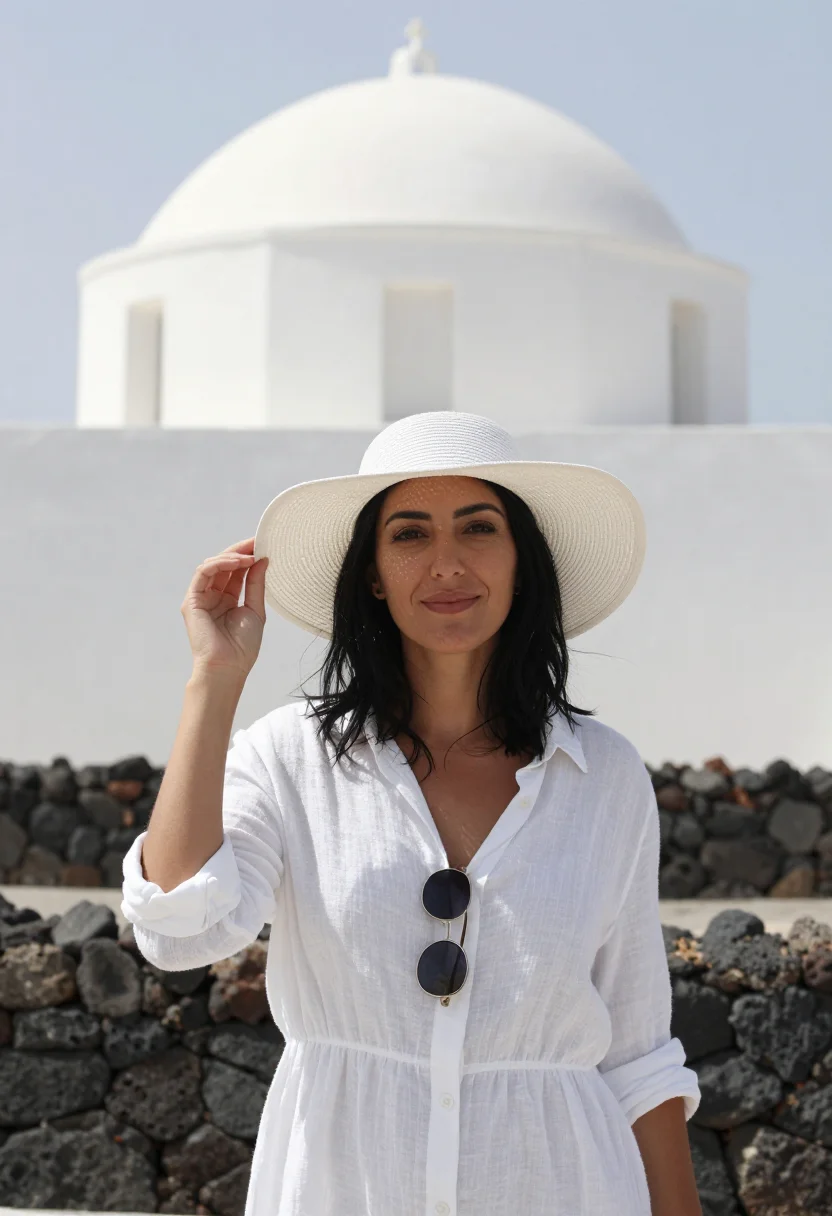 AI a bigger splash pantelleria white linen sample — portrait of a woman, a singer in her early thirties of Sicil