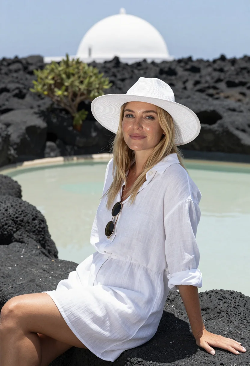 AI a bigger splash pantelleria white linen sample — portrait of a woman, a singer in her thirties of Dutch desce