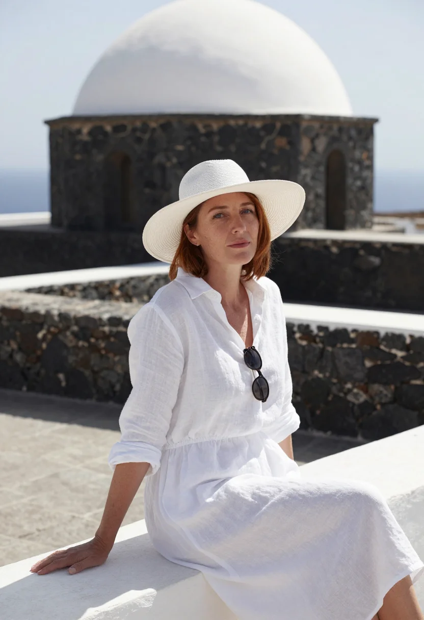 AI a bigger splash pantelleria white linen sample — portrait of a woman, a singer in her forties of Irish descen