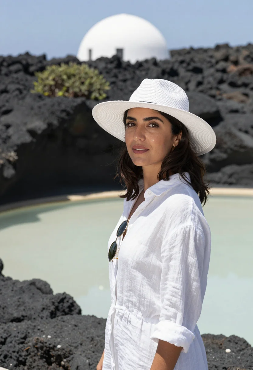 AI a bigger splash pantelleria white linen sample — portrait of a woman, a singer in her late twenties of Italia