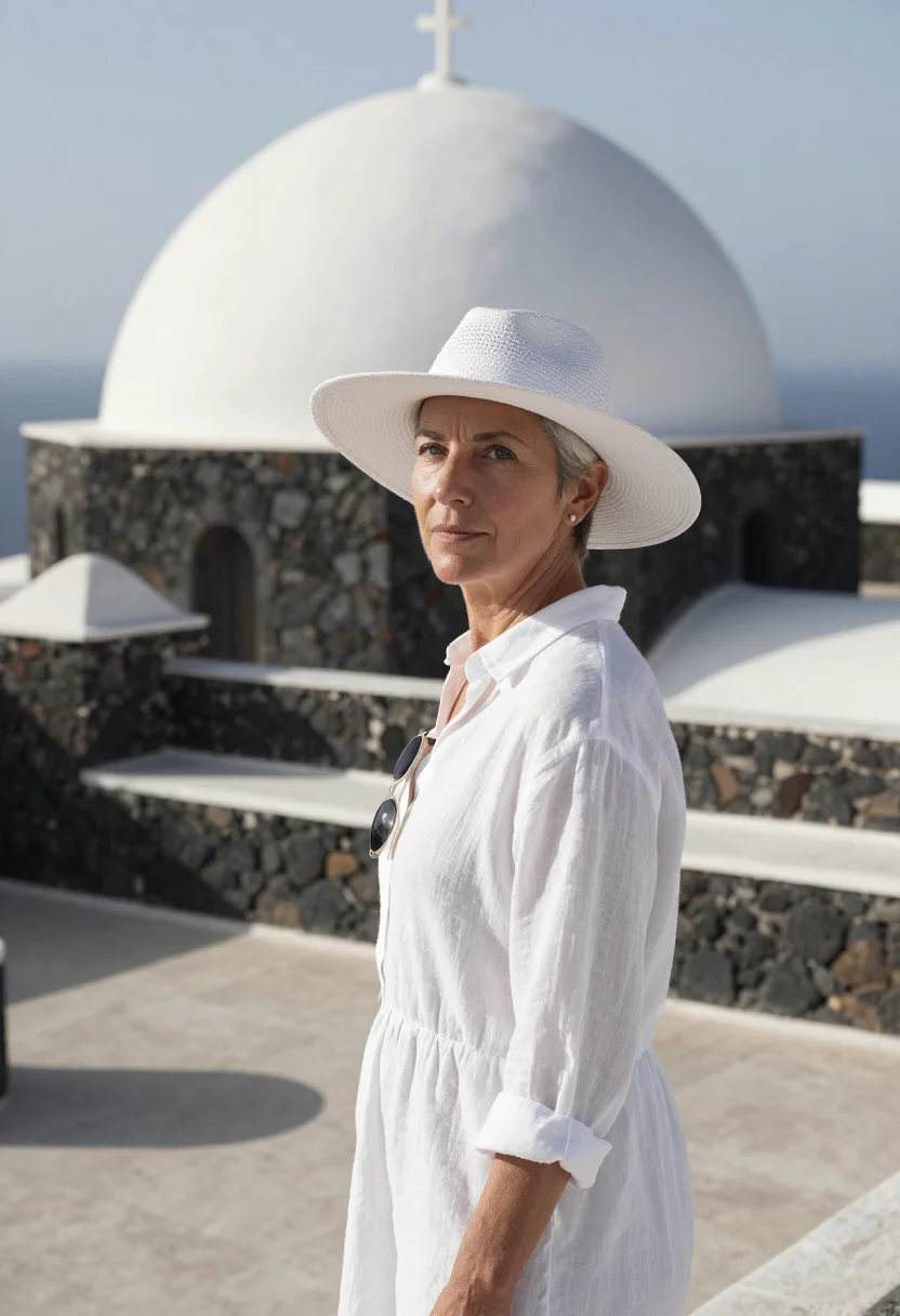 AI a bigger splash pantelleria white linen sample — portrait of a woman, a singer in her fifties of Swiss descen