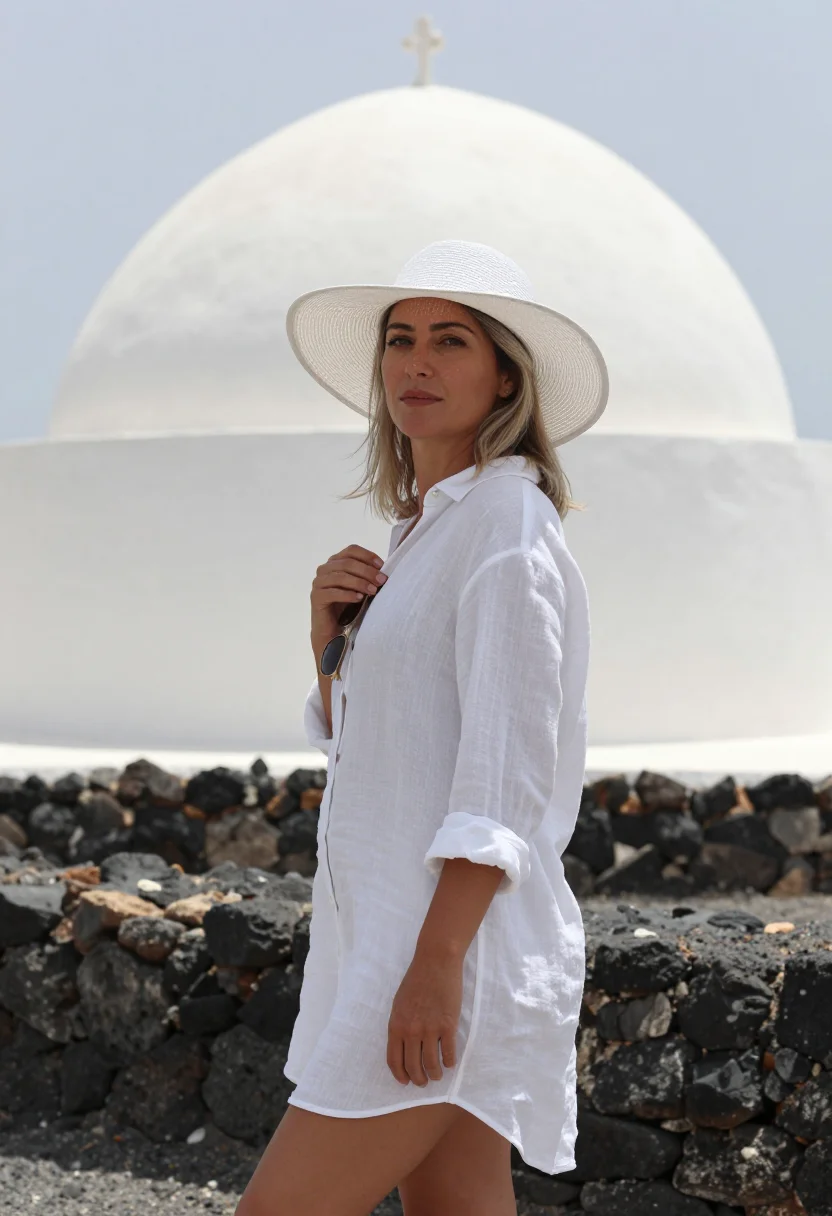 AI a bigger splash pantelleria white linen sample — portrait of a woman, a singer in her forties of French desce