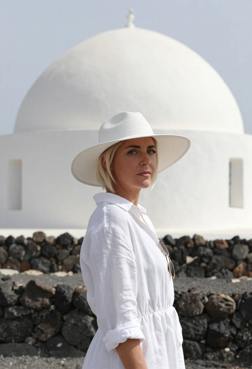 AI a bigger splash pantelleria white linen sample — portrait of a woman, a singer in her late thirties of Englis