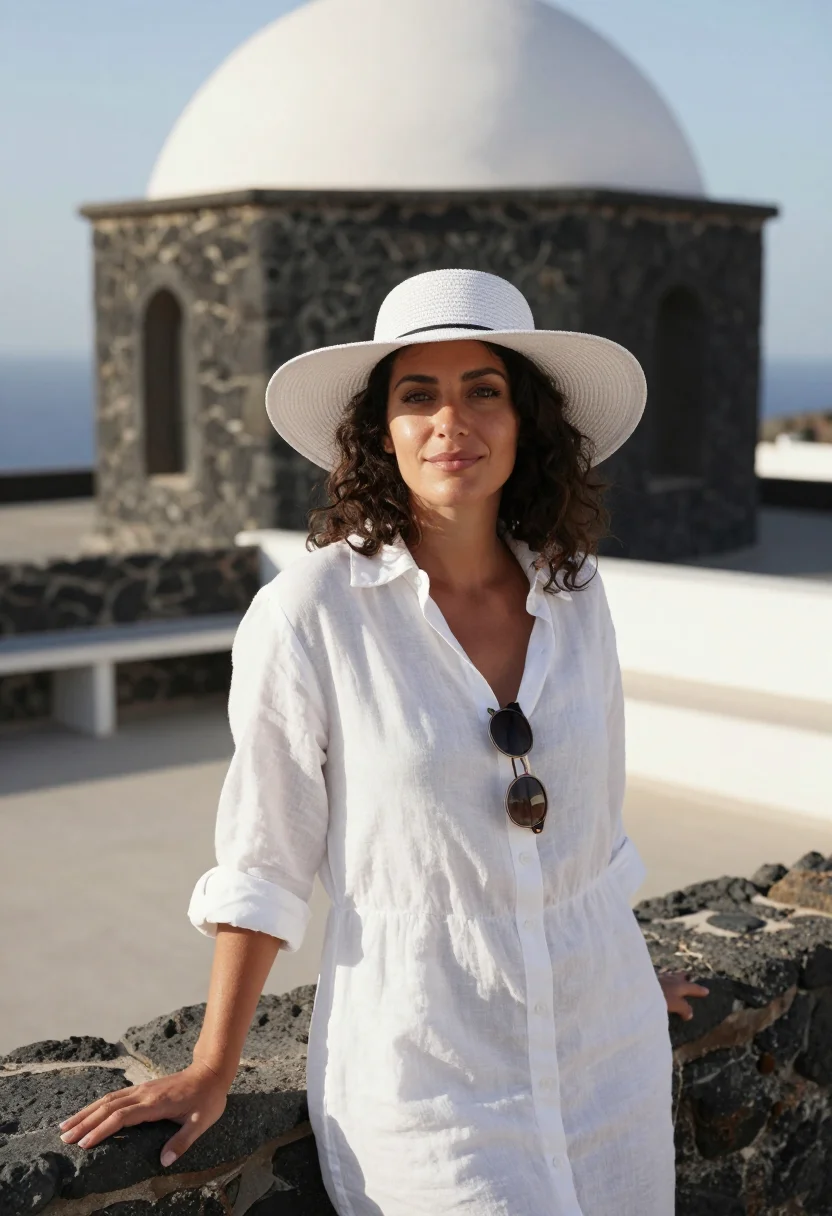 AI a bigger splash pantelleria white linen sample — portrait of a woman, a singer in her early thirties of Greek