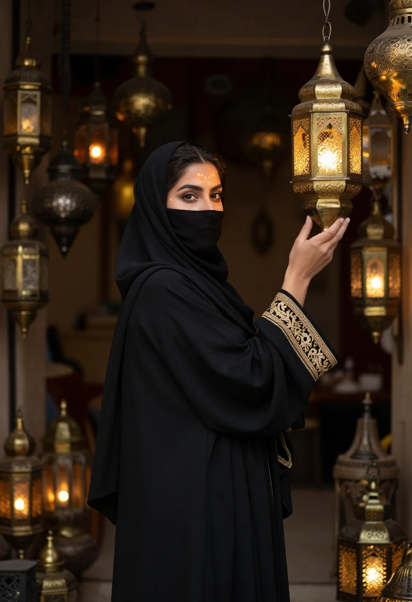 AI abaya souq lantern gold sample — portrait of a woman, framed three-quarter length from the he