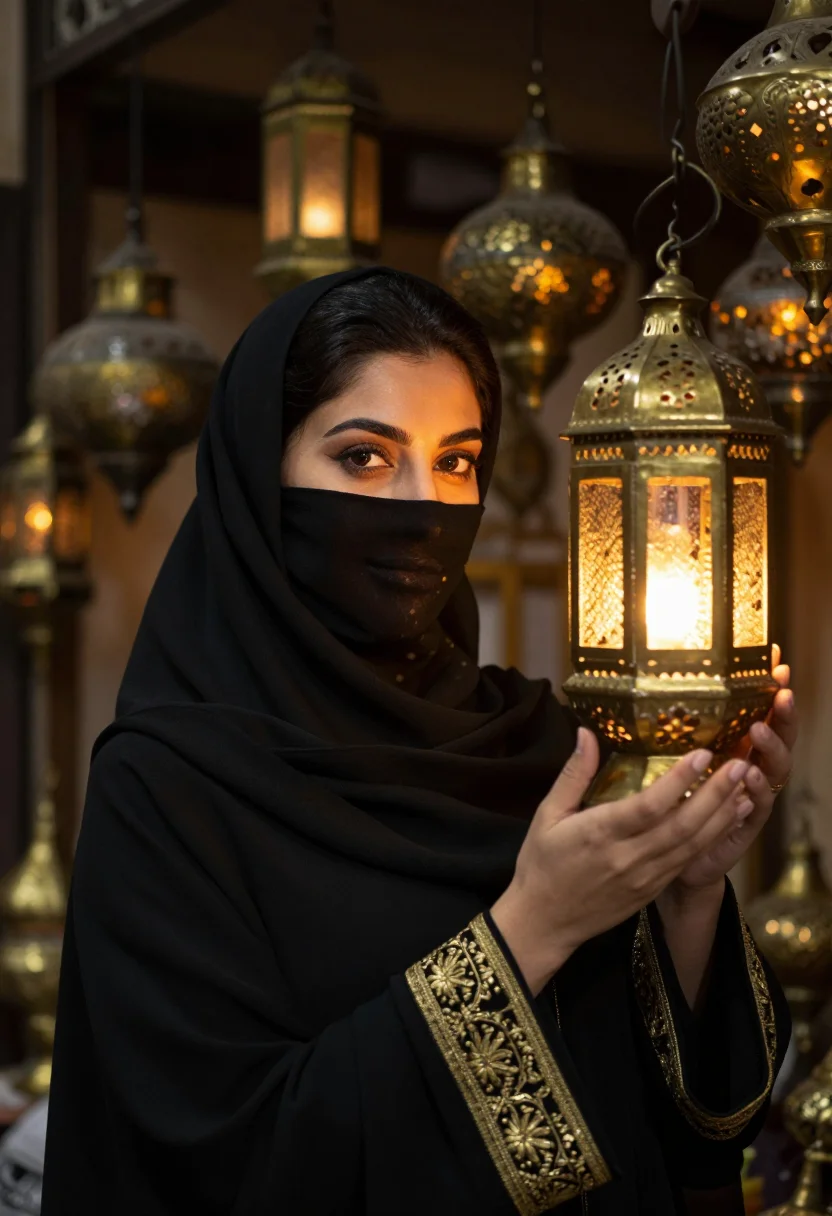 AI abaya souq lantern gold sample — portrait of a woman, framed tight, head and shoulders, the b