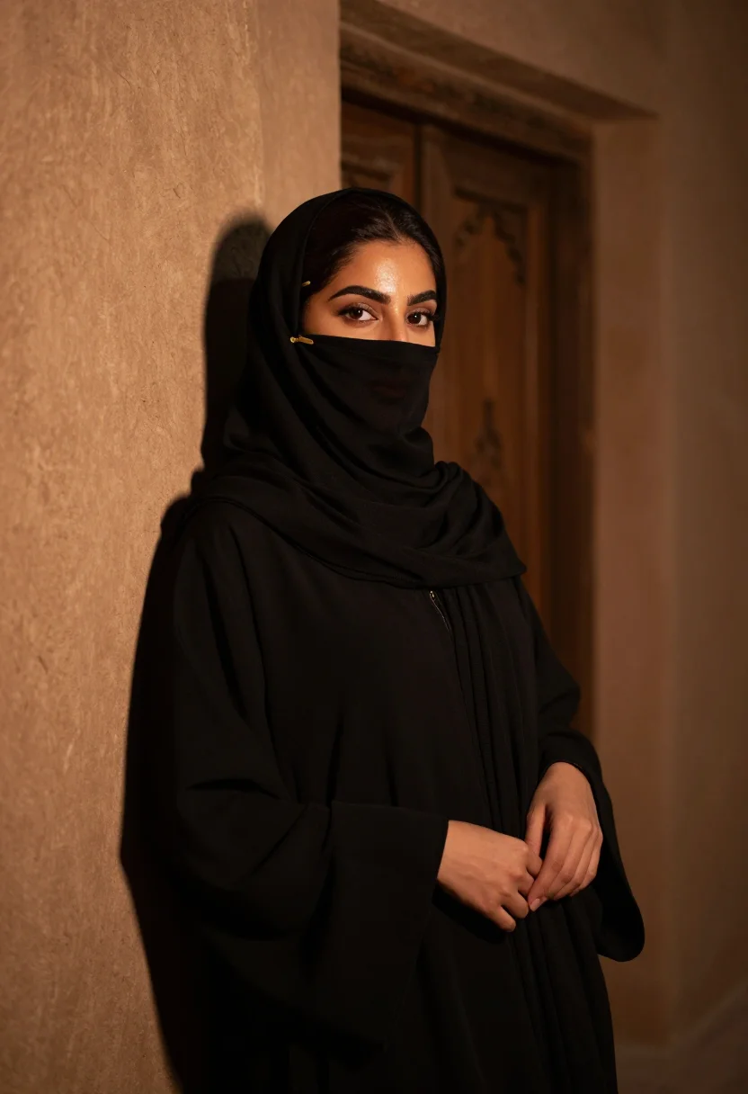 AI abaya souq lantern gold sample — portrait of a woman, framed half-length from the head to the