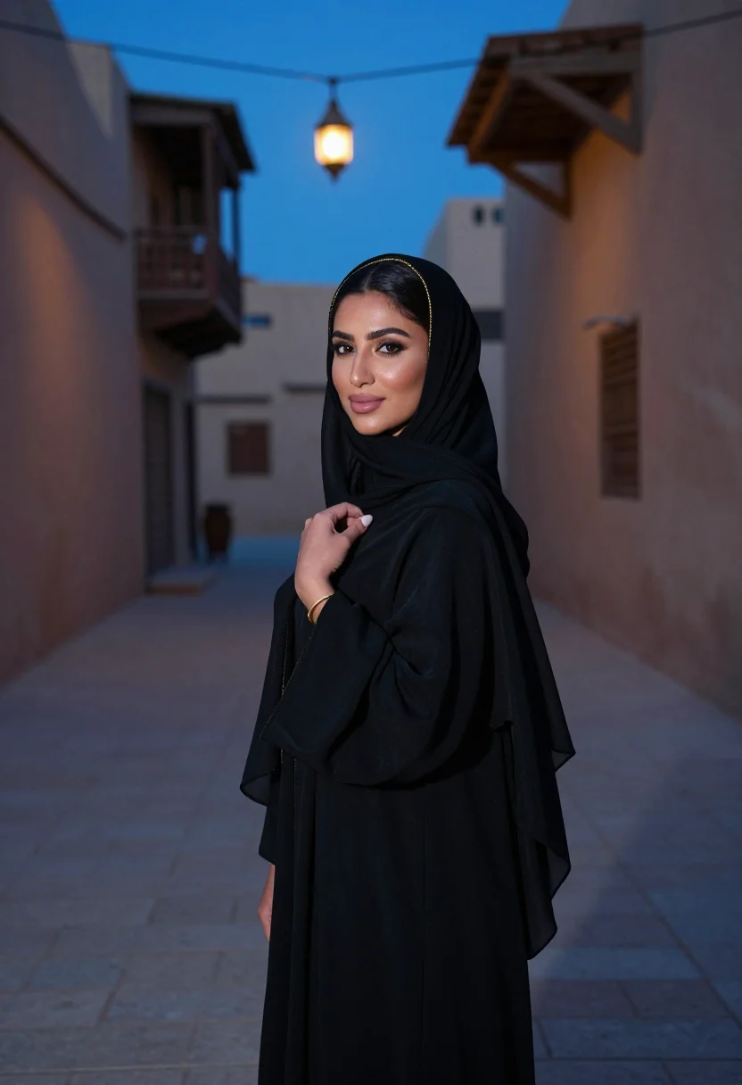 AI abaya souq lantern gold sample — portrait of a woman, framed chest-up, cropped at the ribs, t