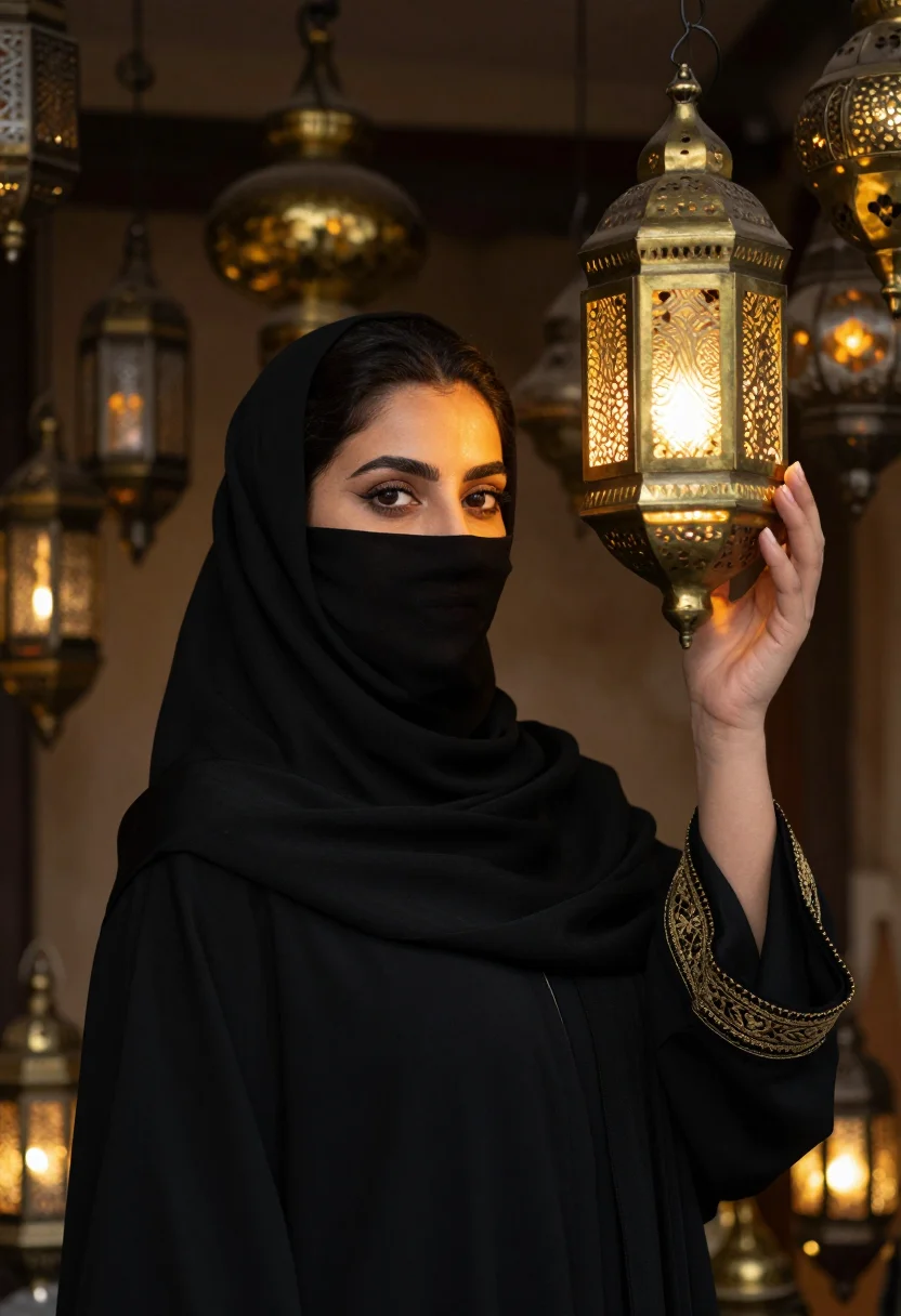 AI abaya souq lantern gold sample — portrait of a woman, framed chest-up, cropped at the ribs, t