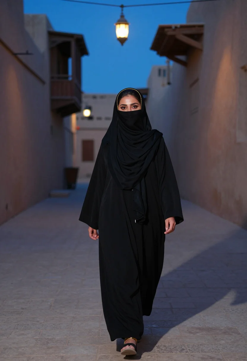 AI abaya souq lantern gold sample — portrait of a woman, framed full-length from the head to the