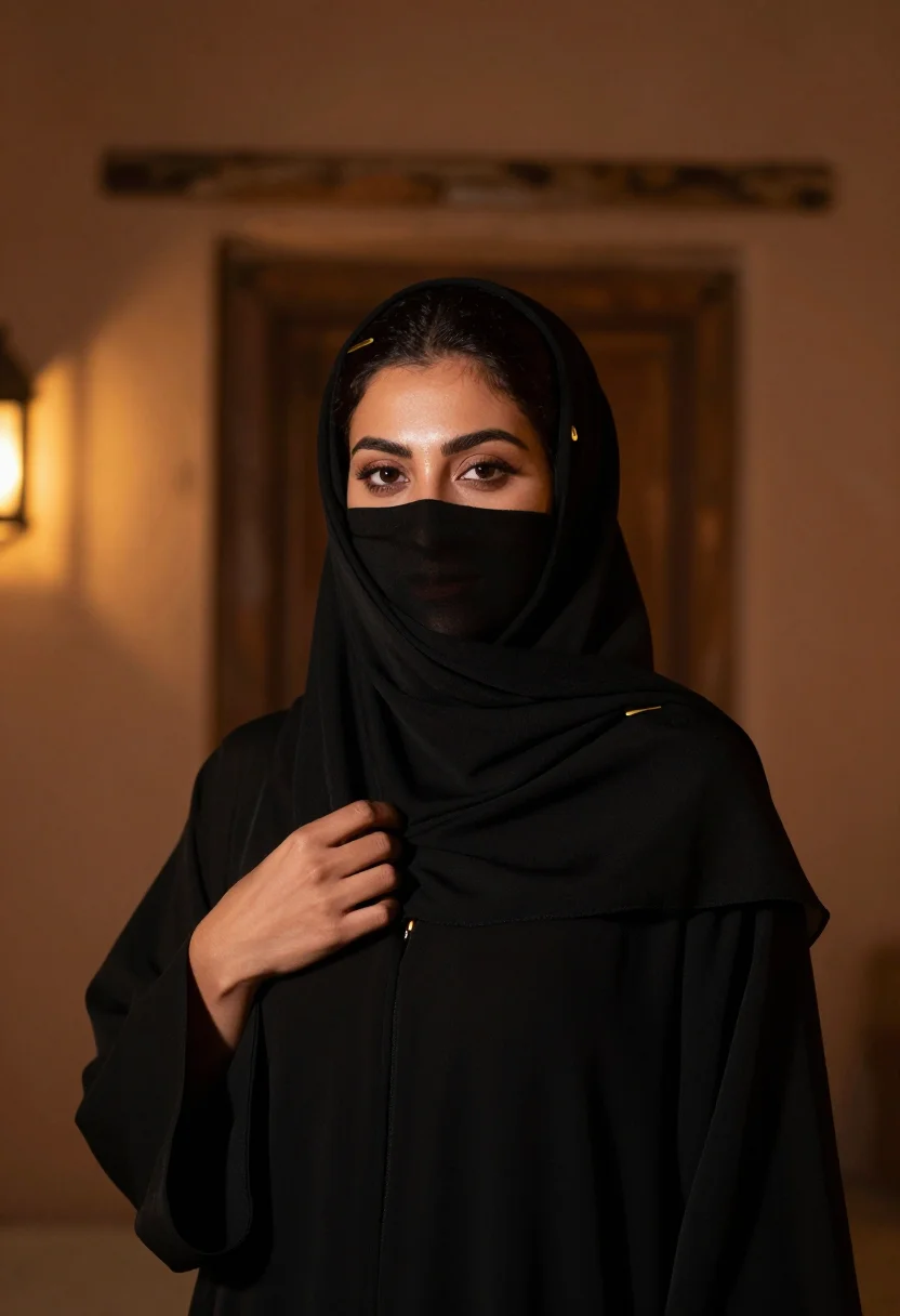 AI abaya souq lantern gold sample — portrait of a woman, framed chest-up, cropped at the ribs, t