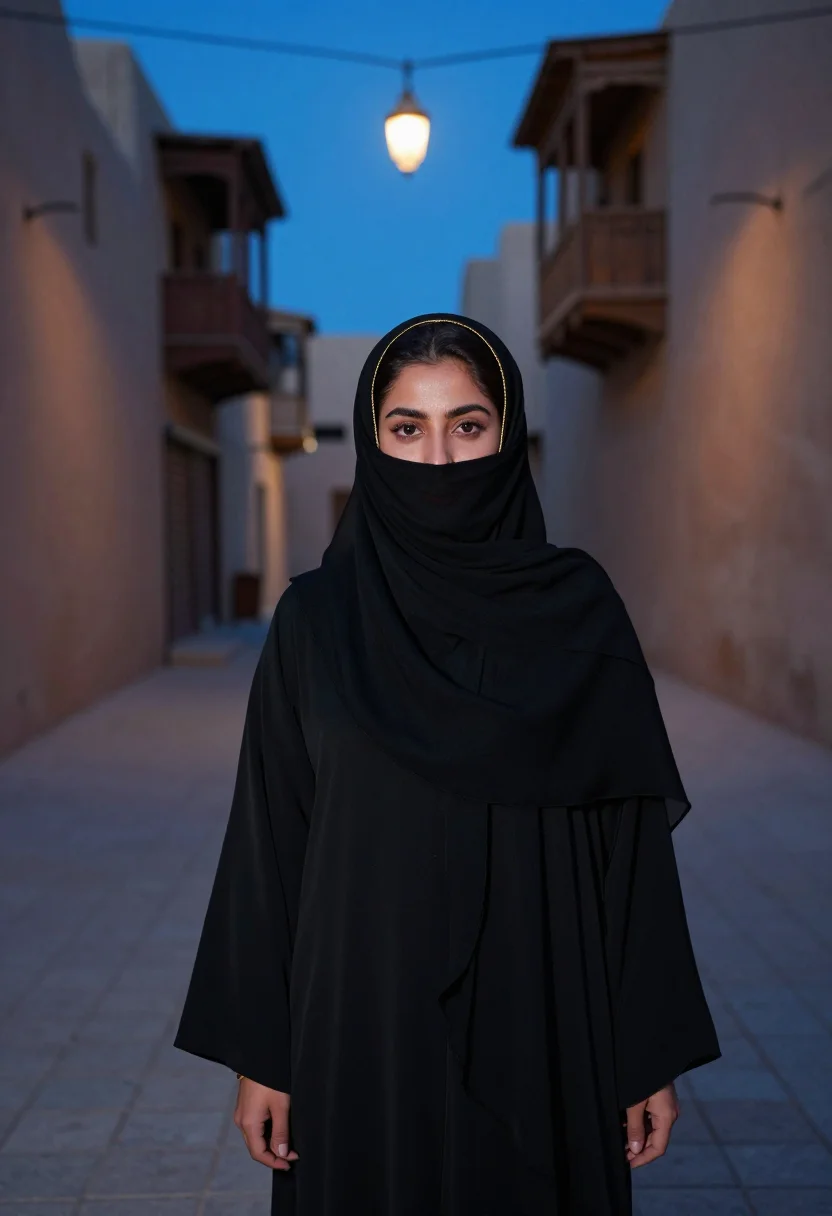 AI abaya souq lantern gold sample — portrait of a woman, framed tight, head and shoulders, the b