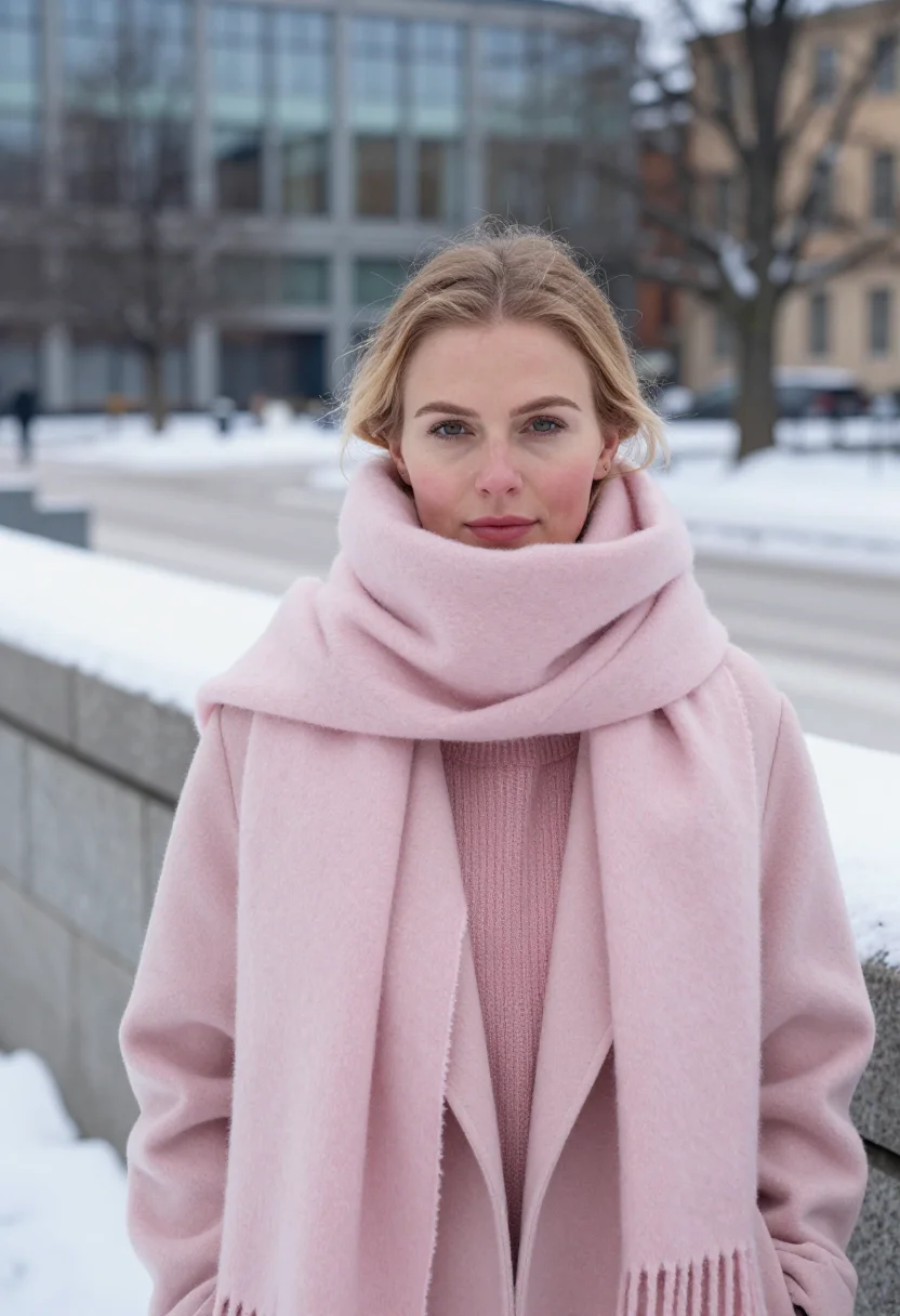 AI acne studios stockholm norrmalm scarf pink sample — portrait of a woman, a Norwegian woman in her late twenties