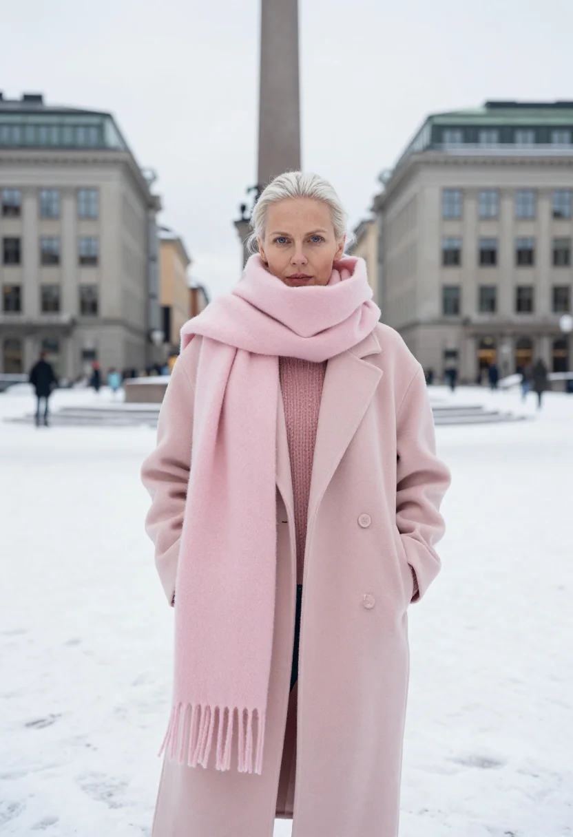 AI acne studios stockholm norrmalm scarf pink sample — portrait of a woman, a Swedish woman in her mid-thirties wit