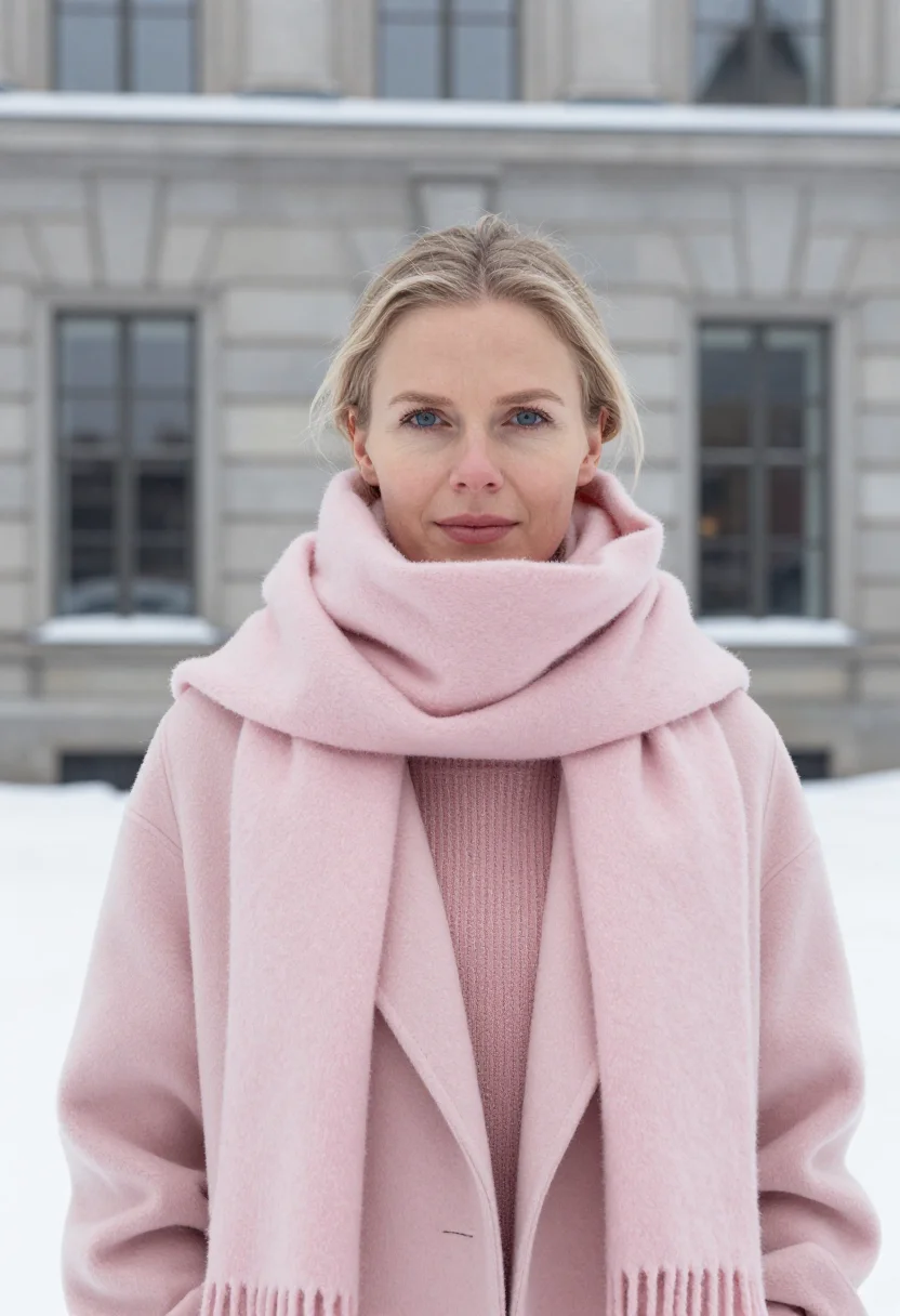 AI acne studios stockholm norrmalm scarf pink sample — portrait of a woman, a Swedish woman in her late twenties wi