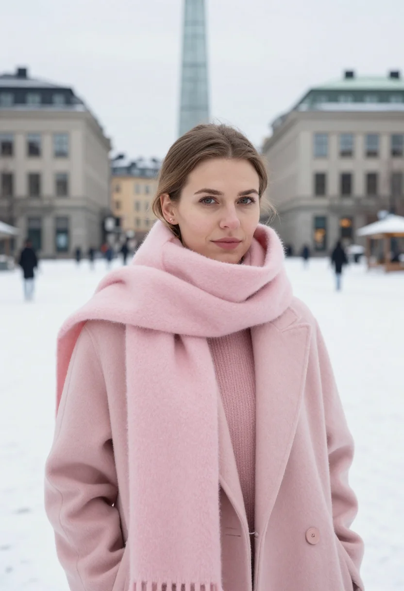 AI acne studios stockholm norrmalm scarf pink sample — portrait of a woman, a Polish woman in her mid-twenties with