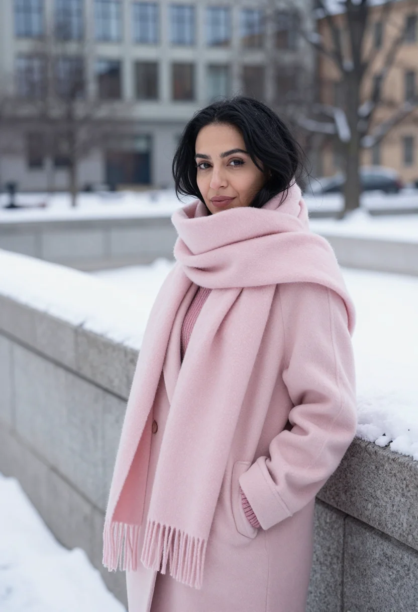 AI acne studios stockholm norrmalm scarf pink sample — portrait of a woman, a Swedish-Iranian woman in her early th