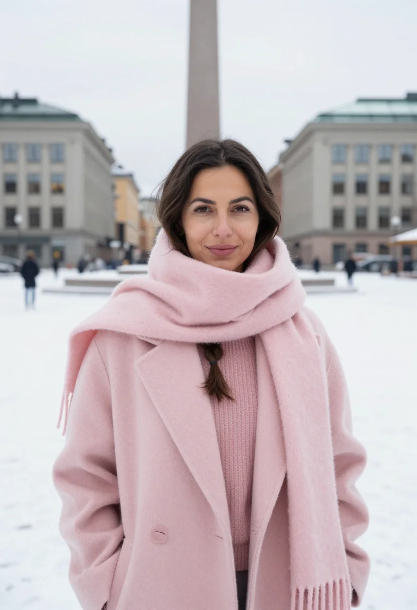AI acne studios stockholm norrmalm scarf pink sample — portrait of a woman, a Swedish-Chilean woman in her late twe