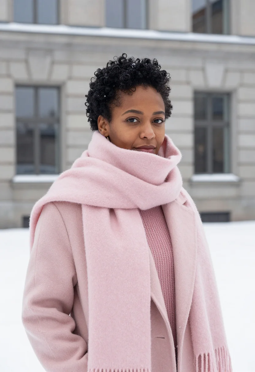 AI acne studios stockholm norrmalm scarf pink sample — portrait of a woman, a Swedish-Eritrean woman in her early t