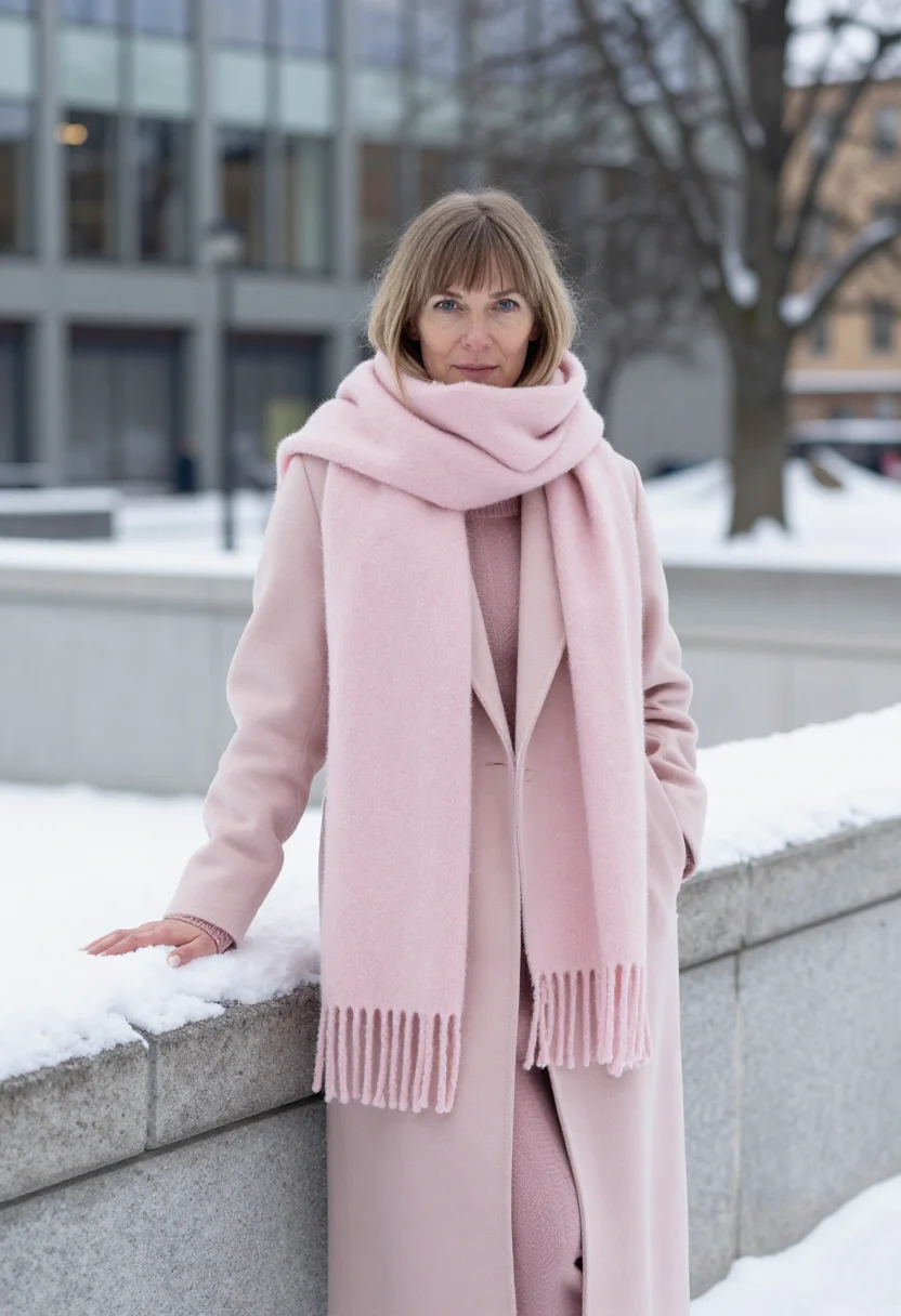 AI acne studios stockholm norrmalm scarf pink sample — portrait of a woman, a Danish woman in her early forties wit