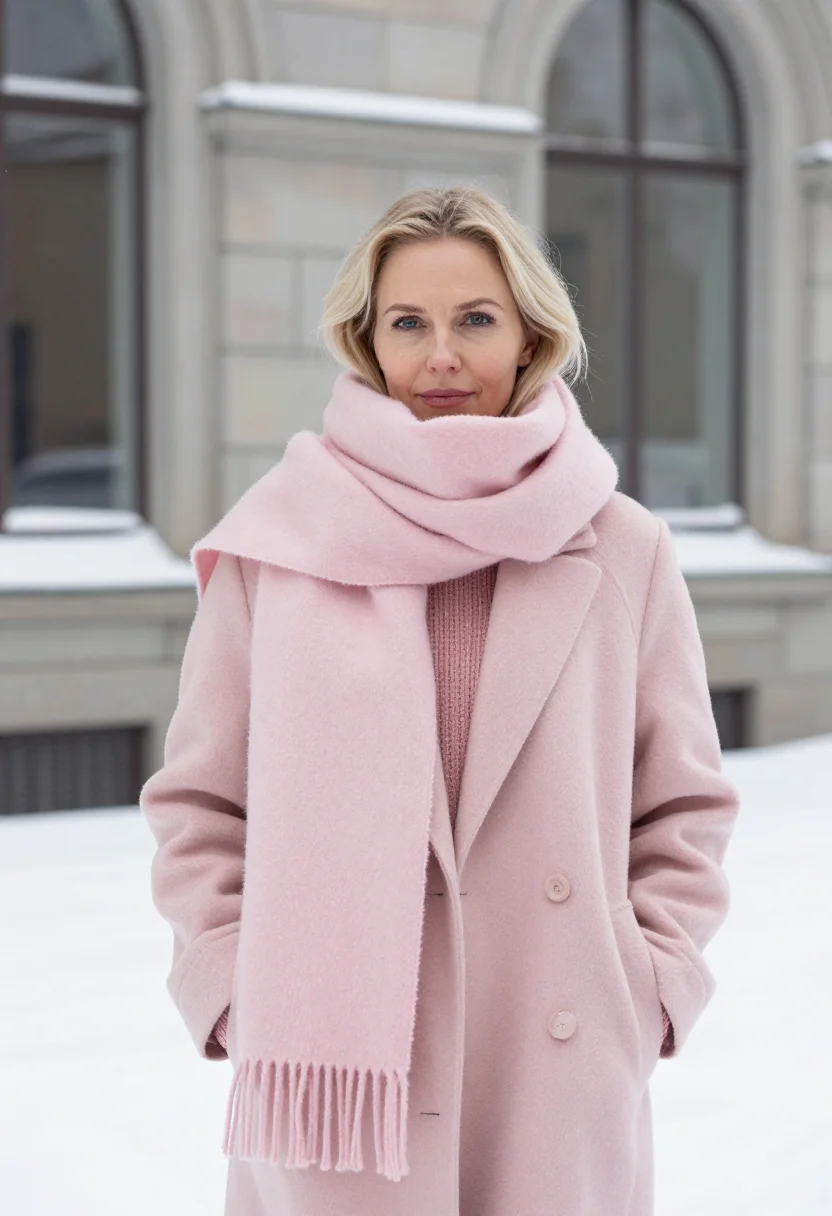 AI acne studios stockholm norrmalm scarf pink sample — portrait of a woman, a Finnish woman in her mid-thirties wit