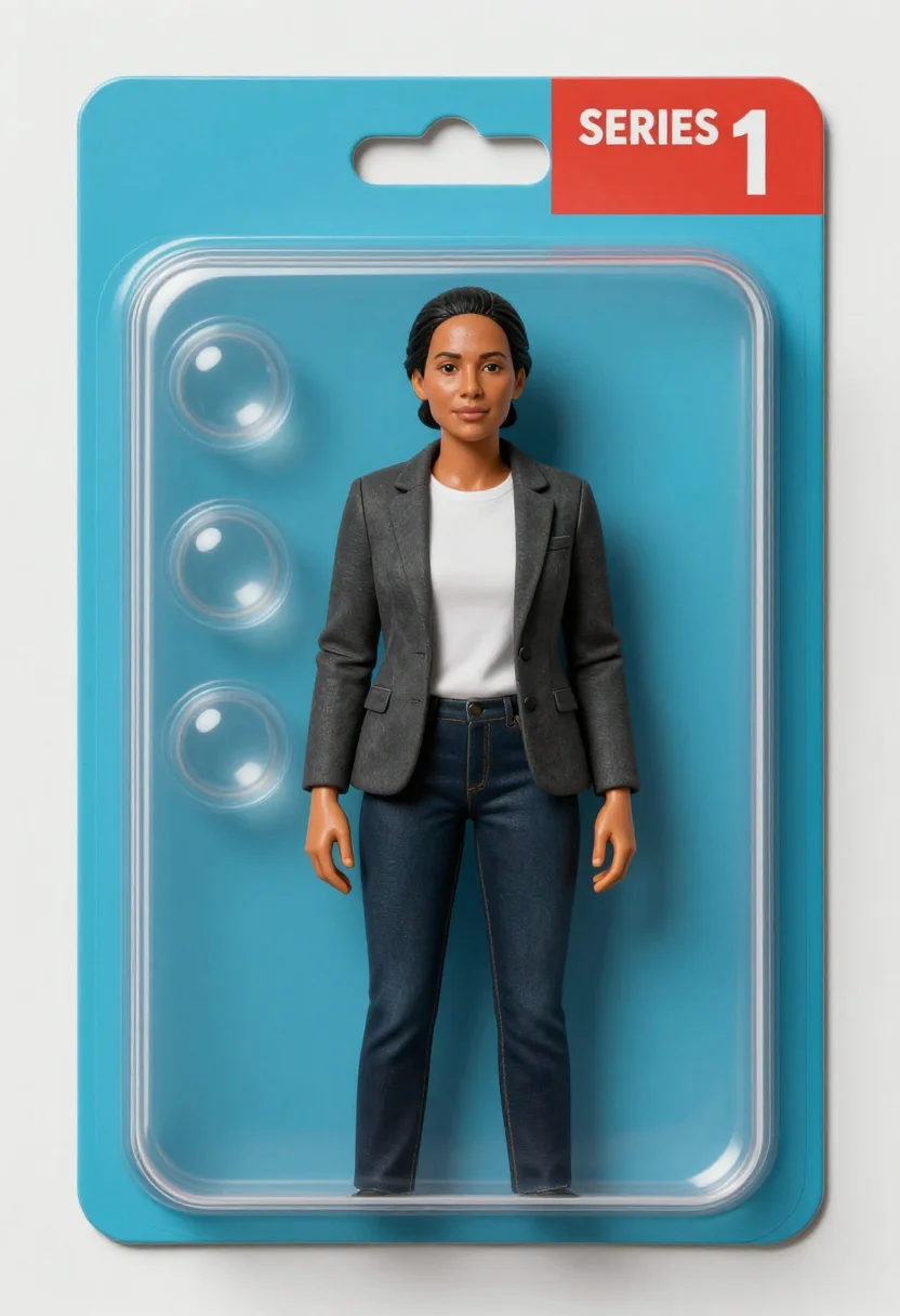 AI action figure blister sample — near-frontal half-length portrait of a woman in her forties