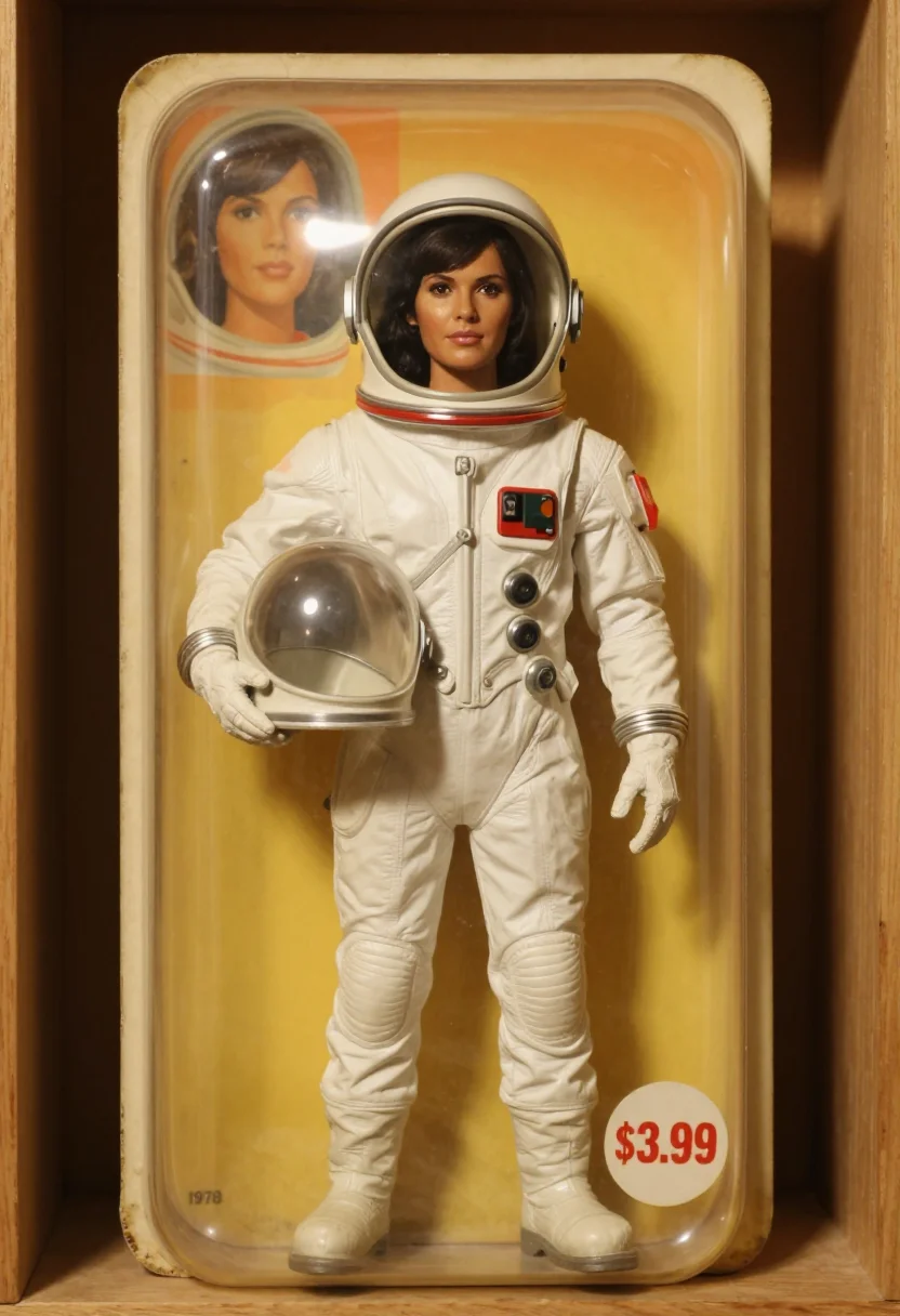 AI action figure blister sample — portrait from the knees up of a woman in her late twenties w