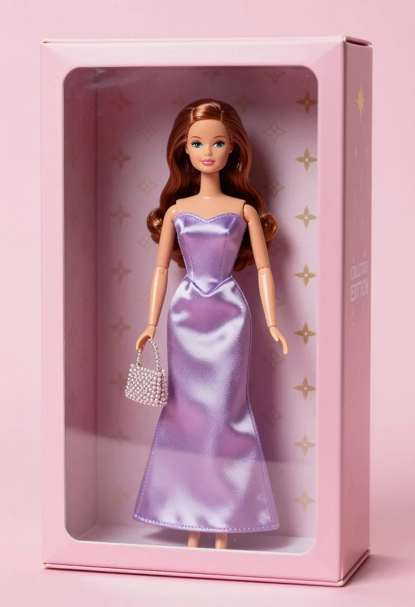 AI action figure blister sample — near-frontal half-length portrait of a woman in her early fo