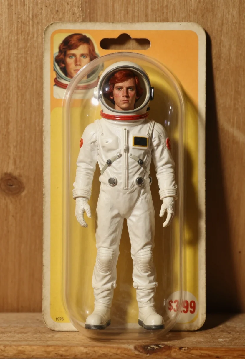 AI action figure blister sample — full-length portrait of a man in his mid-thirties with pale