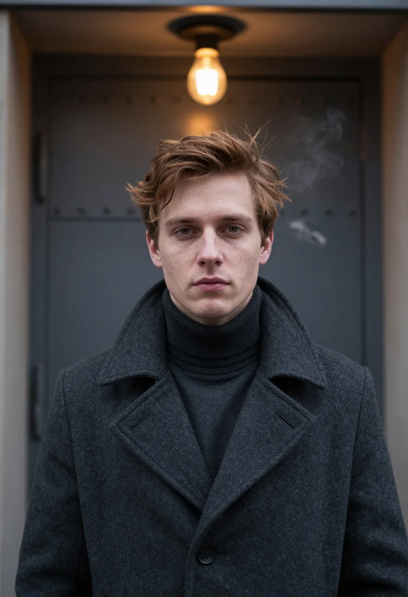 AI actor peacoat charcoal sample — portrait of a man, framed tight on the head, the body close