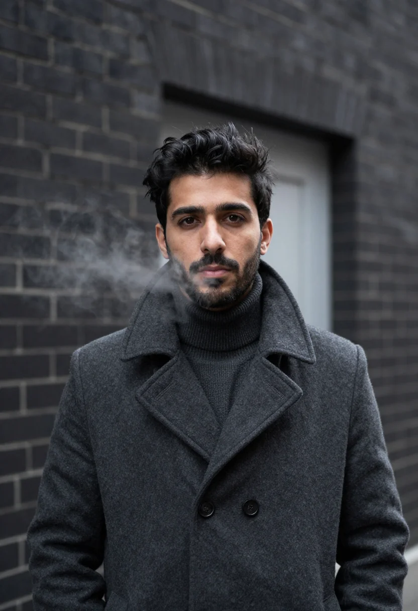 AI actor peacoat charcoal sample — portrait of a man, framed head and shoulders, tighter, the b