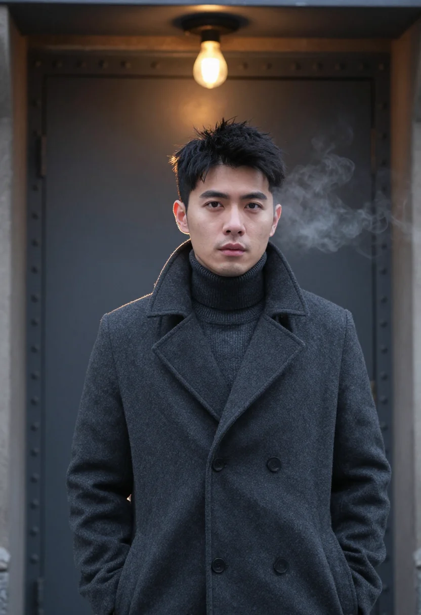 AI actor peacoat charcoal sample — portrait of a man, framed chest-up from the ribs with the bo