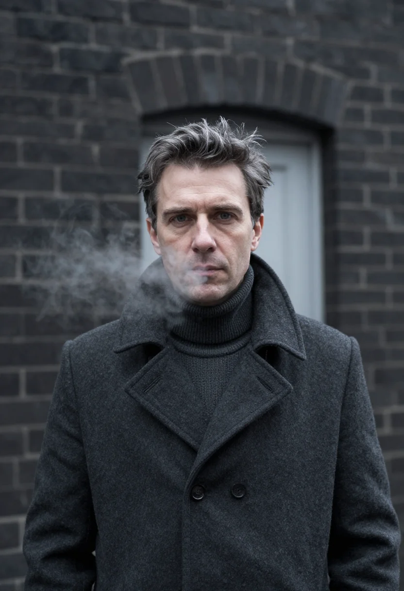 AI actor peacoat charcoal sample — portrait of a man, framed tight on the head, the body close