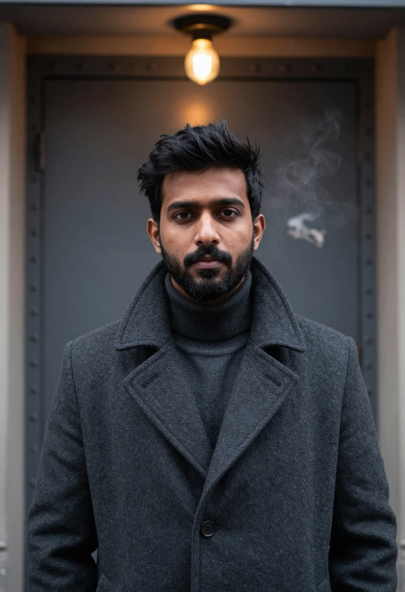 AI actor peacoat charcoal sample — portrait of a man, framed head and shoulders, tighter, the b
