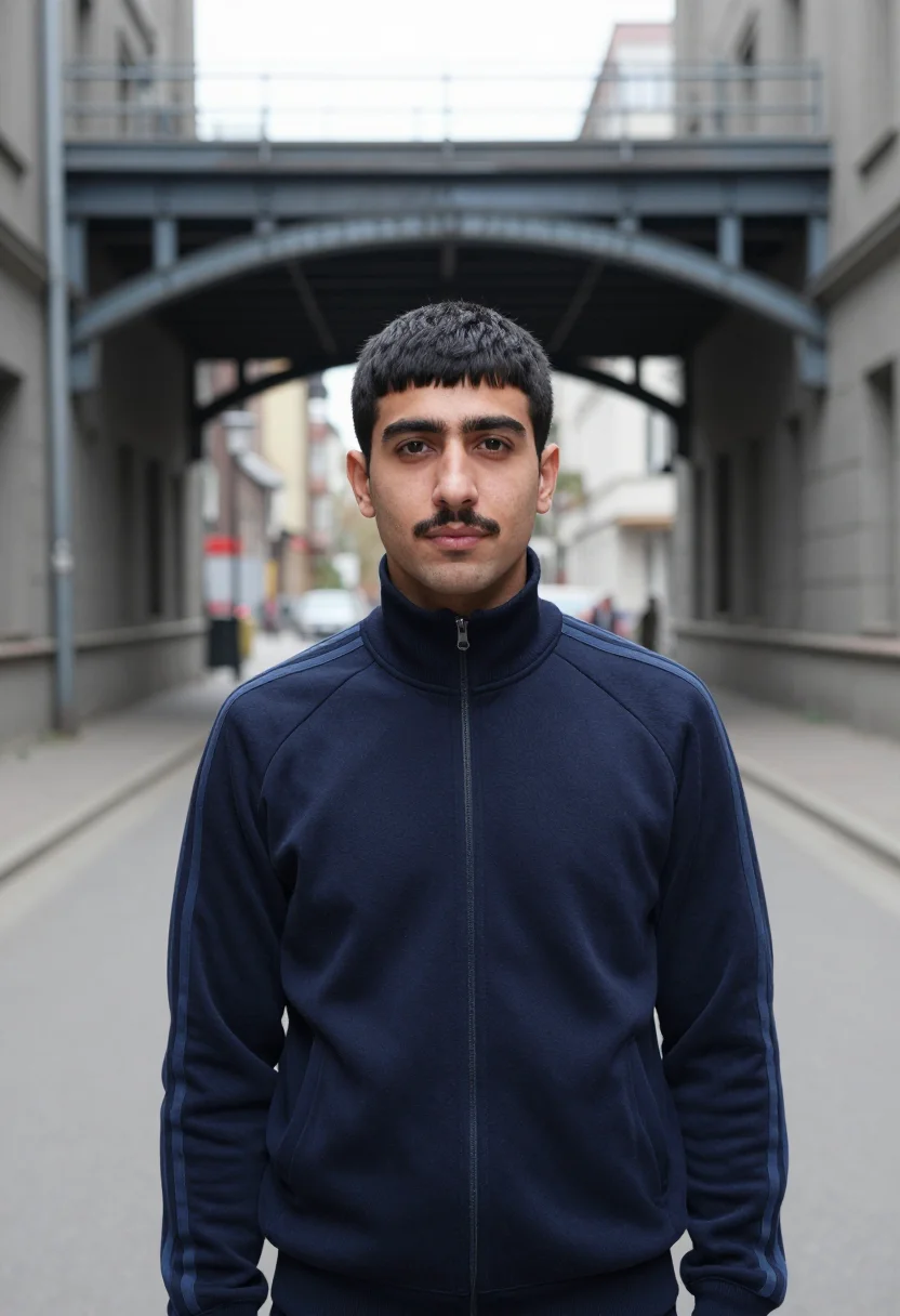 AI adidas originals berlin three stripes navy men sample — portrait of a man, a Kurdish-German man in his late twenties
