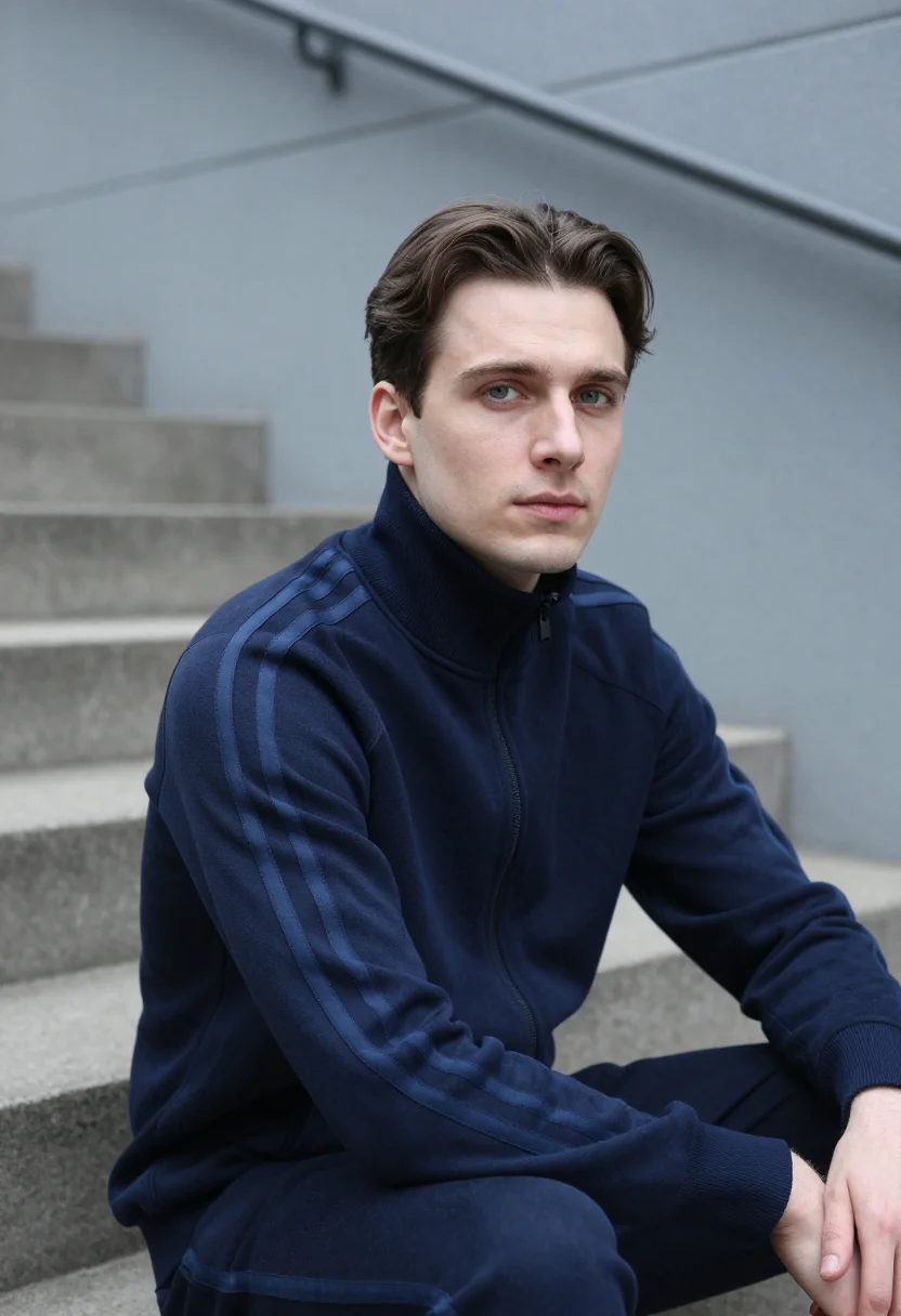 AI adidas originals berlin three stripes navy men sample — portrait of a man, a Polish-German man in his mid-twenties w