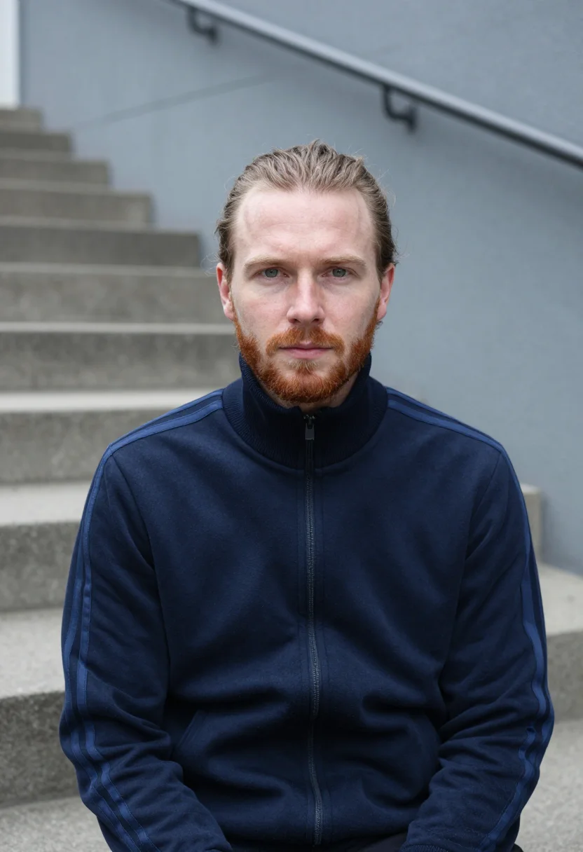 AI adidas originals berlin three stripes navy men sample — portrait of a man, a German man in his mid-thirties with fai