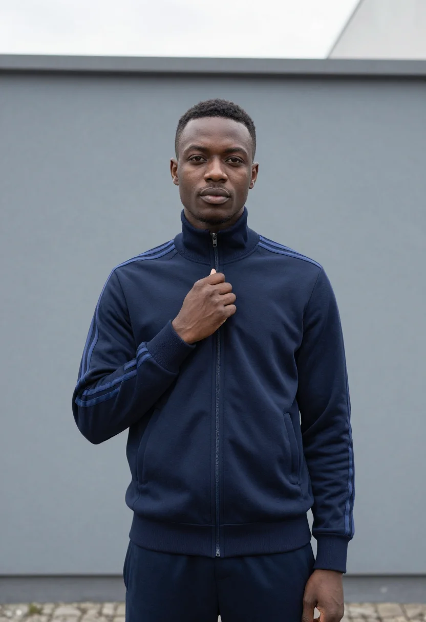 AI adidas originals berlin three stripes navy men sample — portrait of a man, a Ghanaian-German man in his late twentie