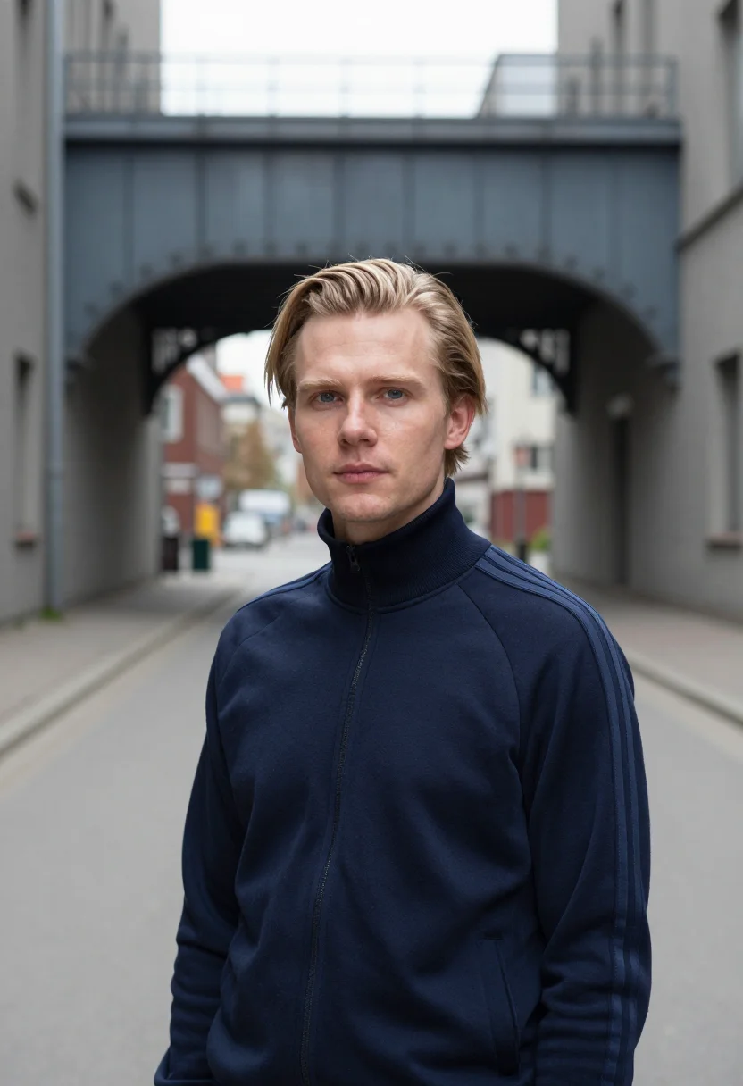 AI adidas originals berlin three stripes navy men sample — portrait of a man, a Danish man in his late twenties with fa