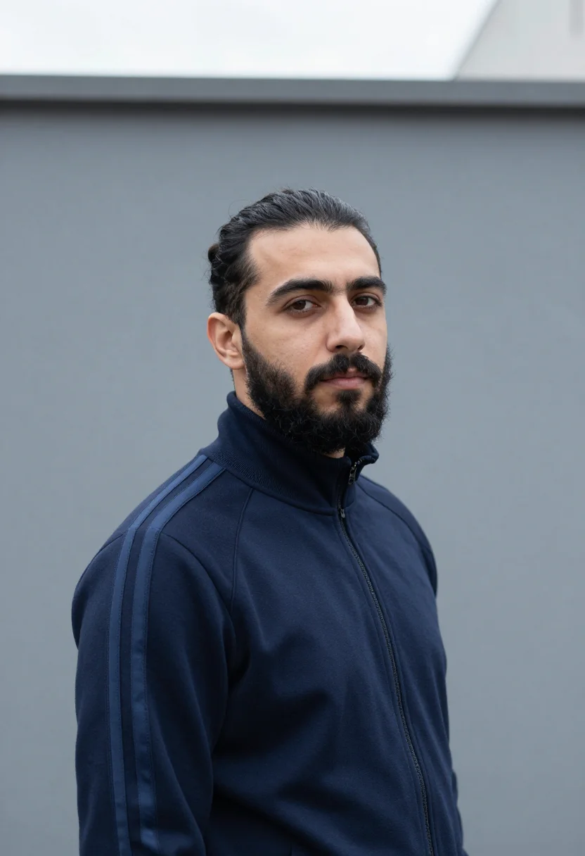 AI adidas originals berlin three stripes navy men sample — portrait of a man, a Turkish-German man in his early thirtie