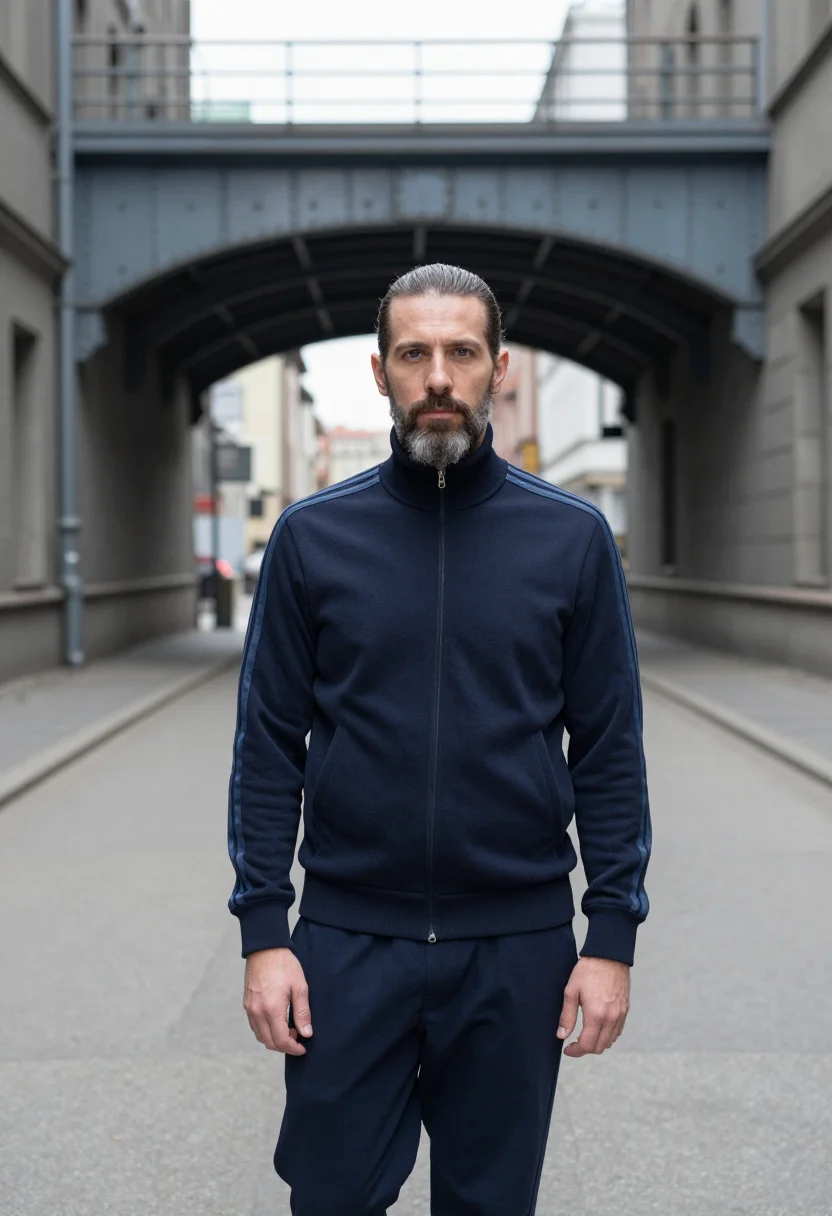 AI adidas originals berlin three stripes navy men sample — portrait of a man, a German man in his early forties with fa