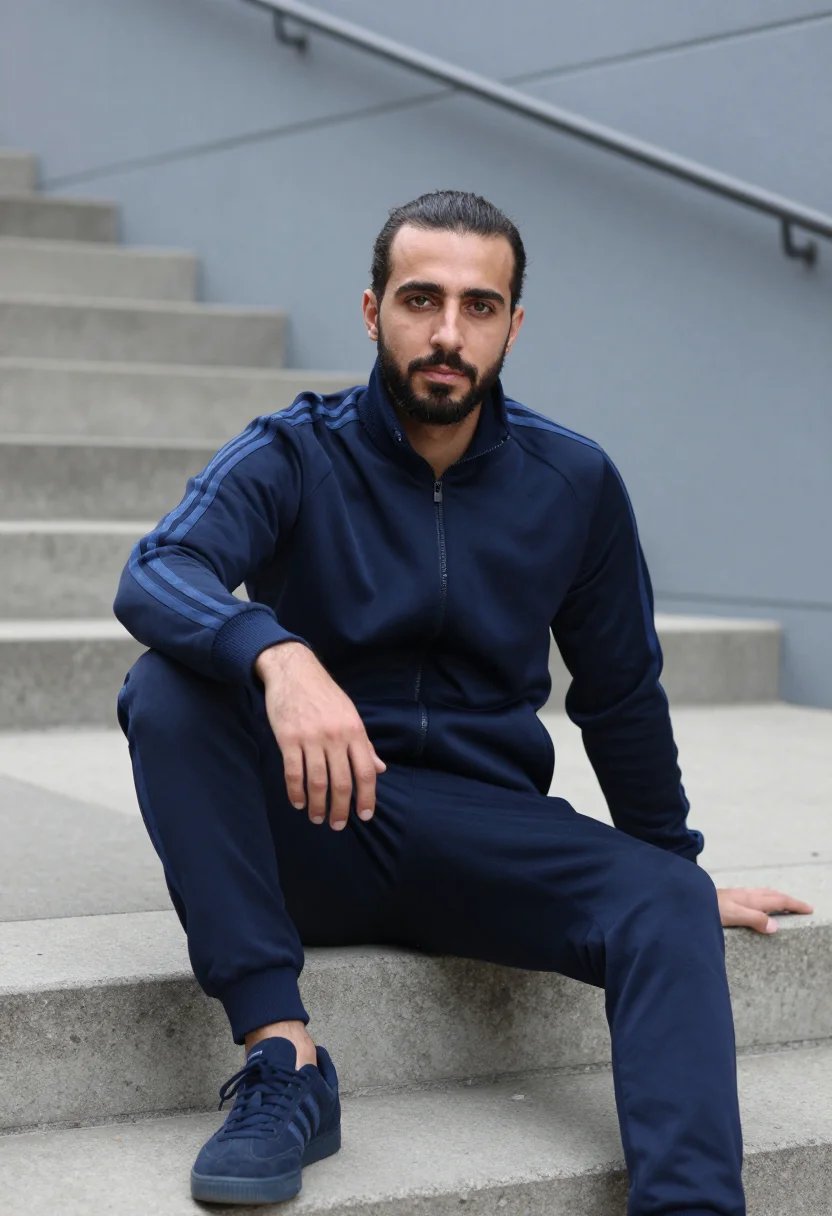 AI adidas originals berlin three stripes navy men sample — portrait of a man, a Lebanese-German man in his early thirti