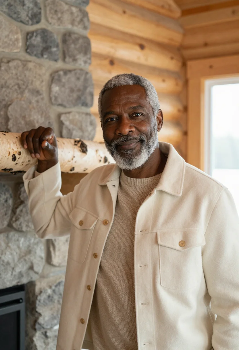AI adirondack great camp innkeeper birch sample — portrait of a man, African-American, in his late fifties, wi