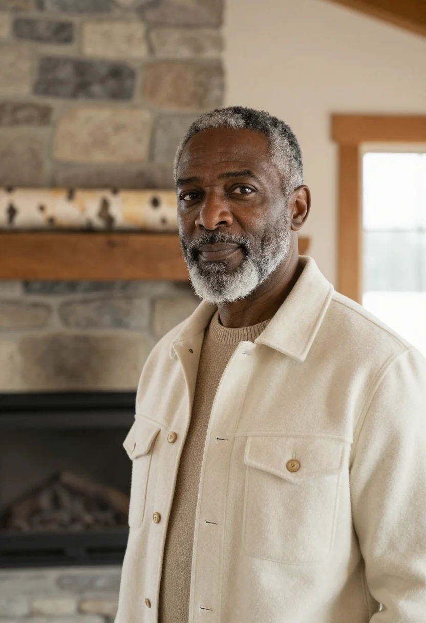 AI adirondack great camp innkeeper birch sample — portrait of a man, African-American, in his late fifties, wi