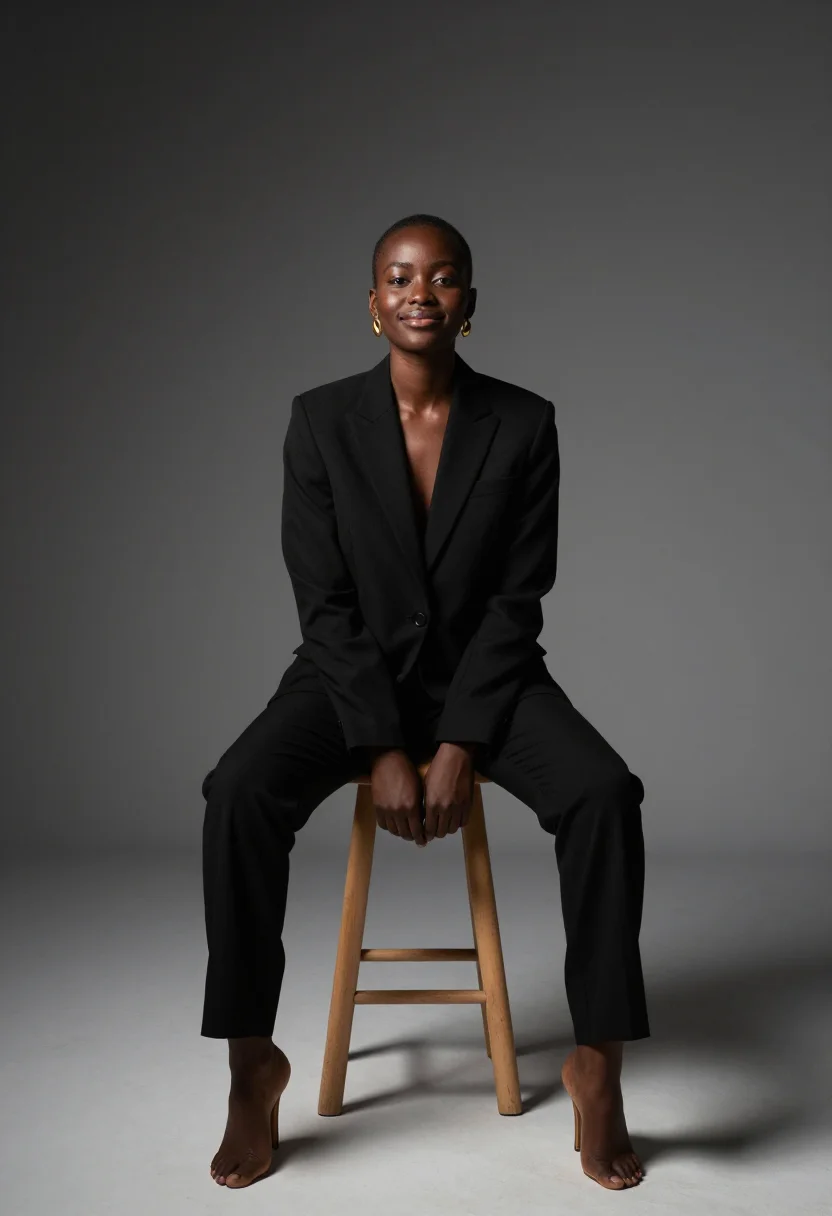 AI adut akech sample — portrait of a woman, framed full length from a camera at kne