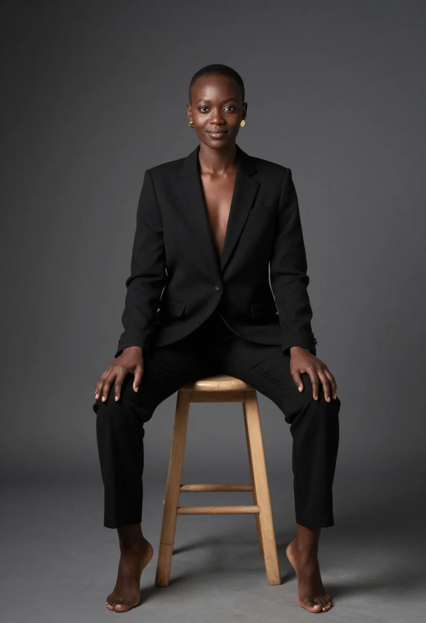 AI adut akech sample — portrait of a woman, framed from the crown to the knee: a ta