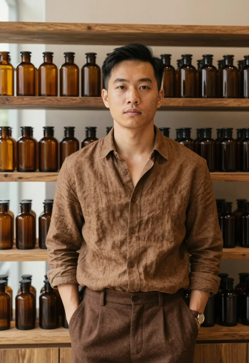 AI aesop melbourne fitzroy amber bottle brown men sample — portrait of a man, a Vietnamese-Australian man in his late t