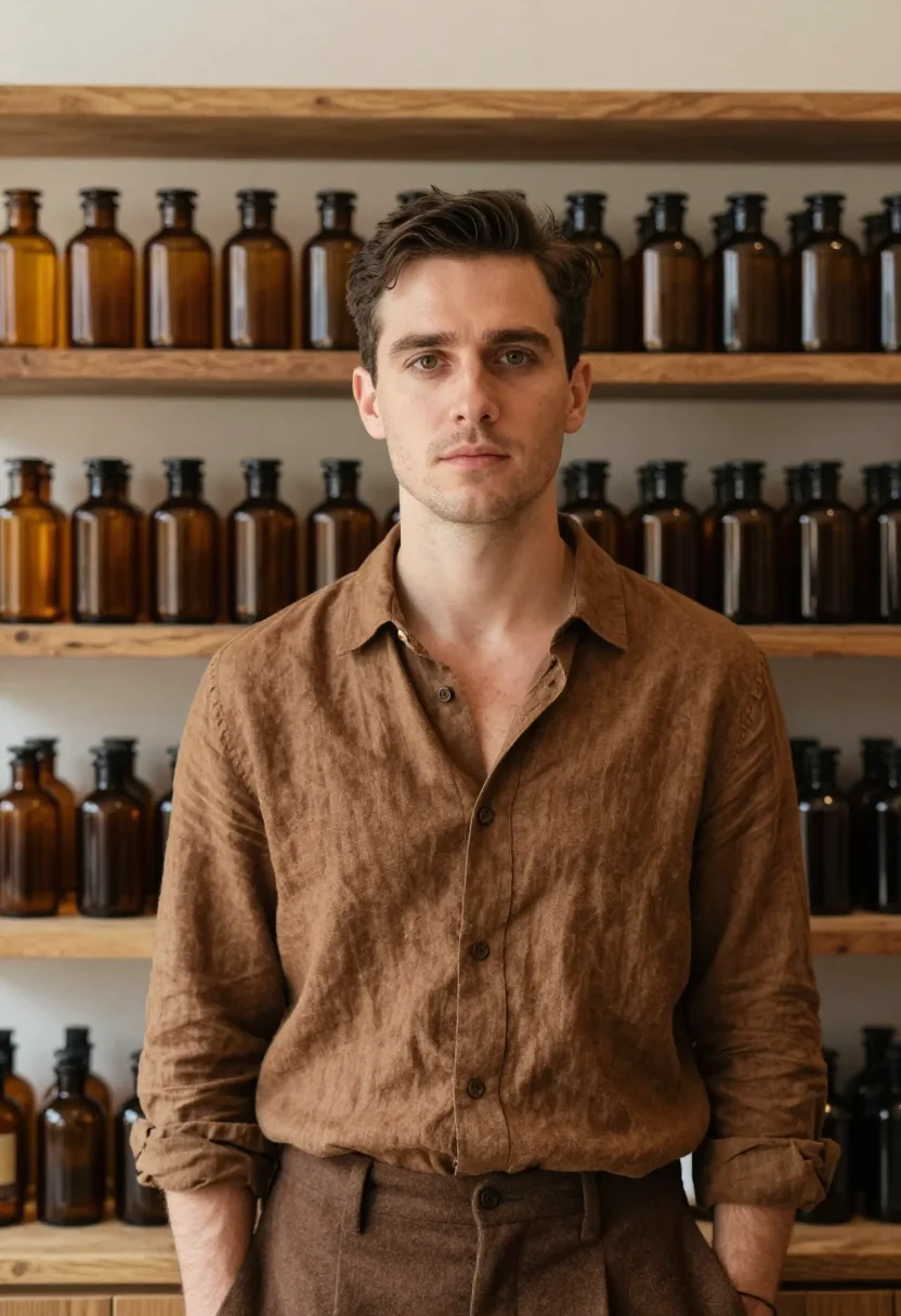 AI aesop melbourne fitzroy amber bottle brown men sample — portrait of a man, an Australian man in his early thirties w